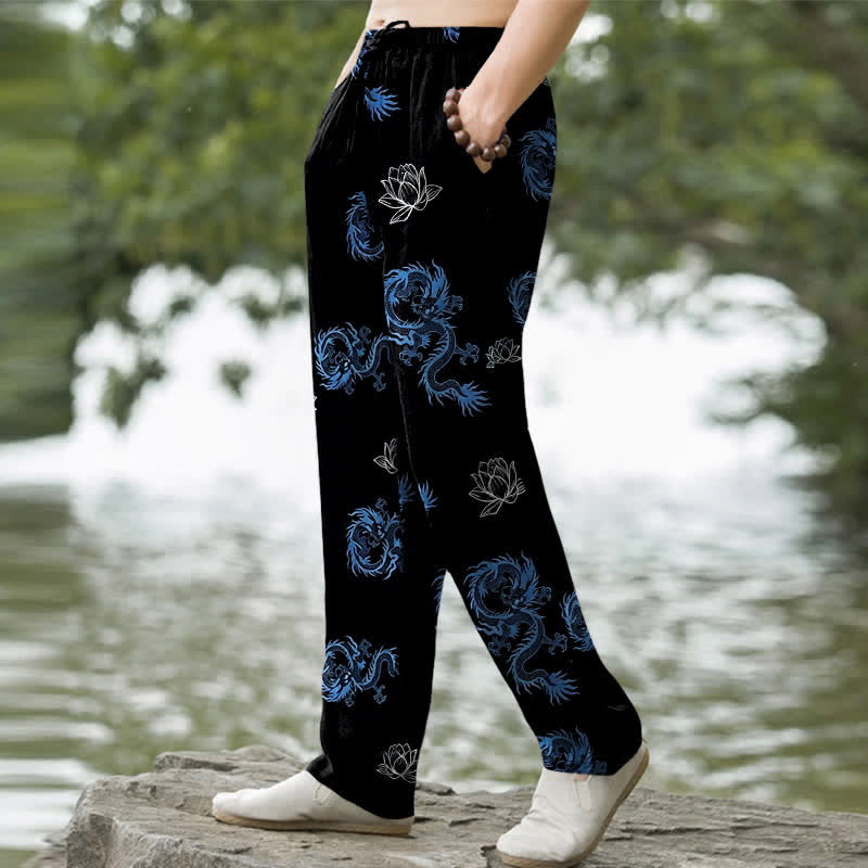 Buddha Stones Pantalon fuselé pour homme en coton à motif dragon et lotus, avec poches - image 1