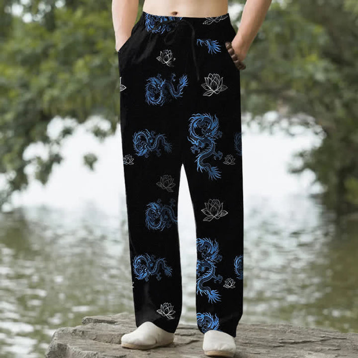 Buddha Stones Pantalon fuselé pour homme en coton à motif dragon et lotus, avec poches - Noir - US/UK/AU50，EU60 (5XL) - image 0