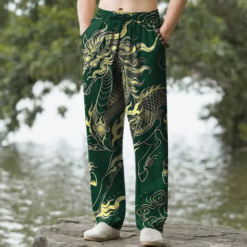 Buddha Stones Pantalon fuselé pour homme en coton à motif de nuages ​​porte-bonheur et dragon doré, avec poches - Vert forêt - US/UK/AU50，EU60 (5XL) - image 4