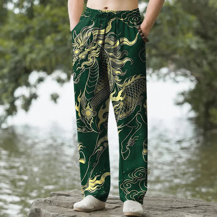 Buddha Stones Pantalon fuselé pour homme en coton à motif de nuages ​​porte-bonheur et dragon doré, avec poches - Vert forêt - US/UK/AU50，EU60 (5XL) - image 4