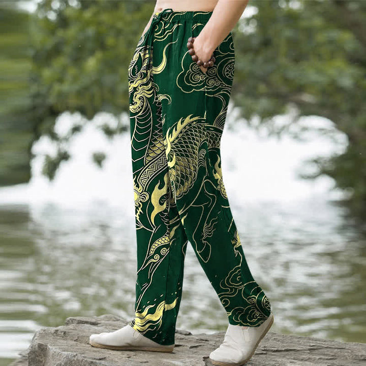Buddha Stones Pantalon fuselé pour homme en coton à motif de nuages ​​porte-bonheur et dragon doré, avec poches - image 5