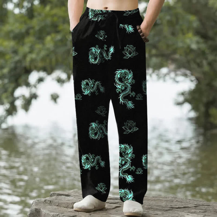 Buddha Stones Pantalon fuselé pour homme en coton à motif dragon et lotus, avec poches - Bleu vert - US/UK/AU50，EU60 (5XL) - image 4