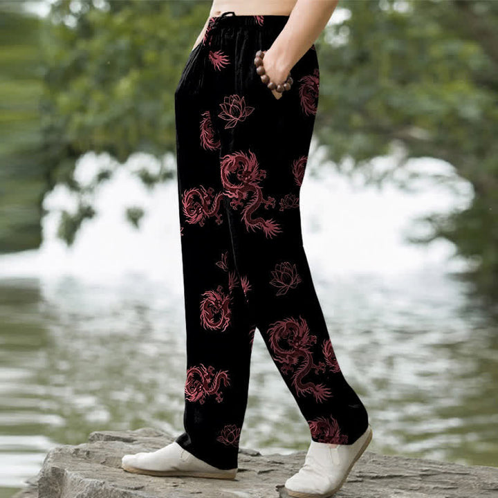 Buddha Stones Pantalon fuselé pour homme en coton à motif dragon et lotus, avec poches - image 7