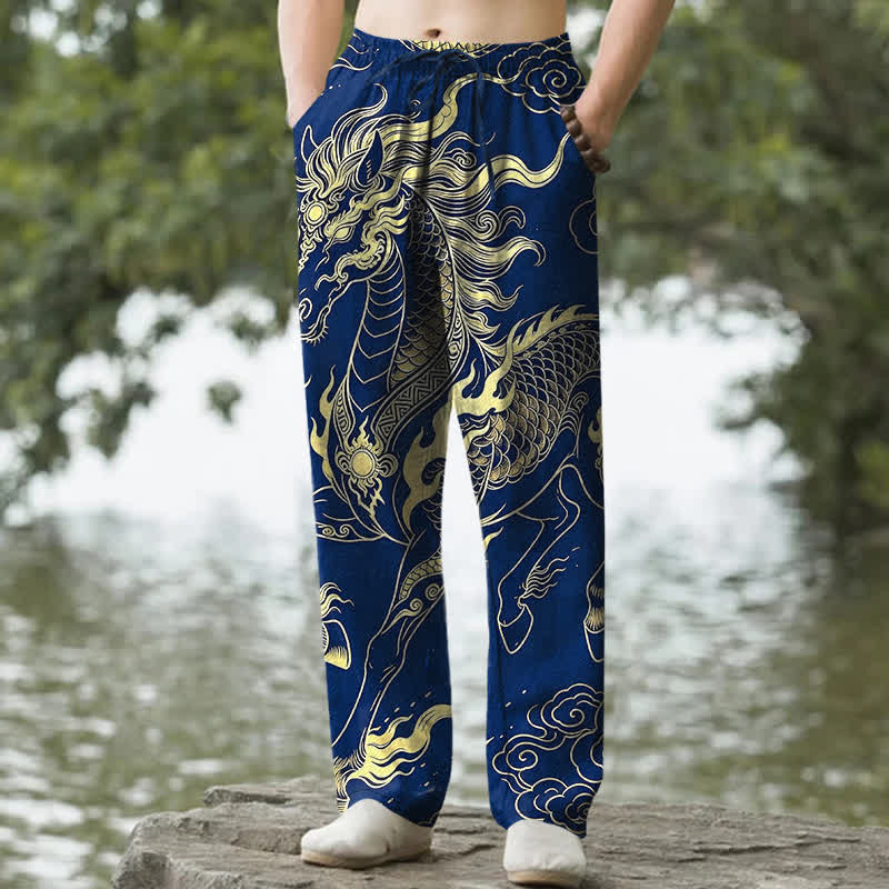 Buddha Stones Pantalon fuselé pour homme en coton à motif de nuages ​​porte-bonheur et dragon doré, avec poches - Marine - US/UK/AU50，EU60 (5XL) - image 6