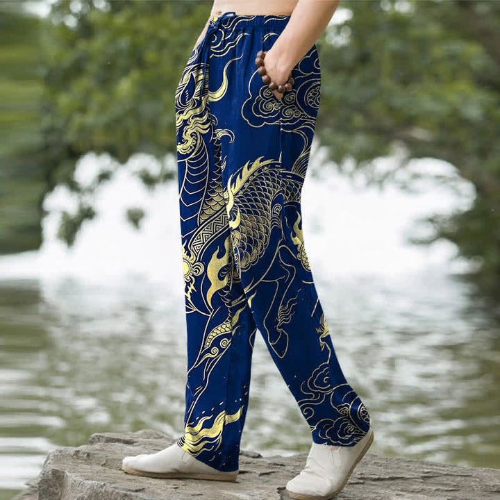 Buddha Stones Pantalon fuselé pour homme en coton à motif de nuages ​​porte-bonheur et dragon doré, avec poches - image 7