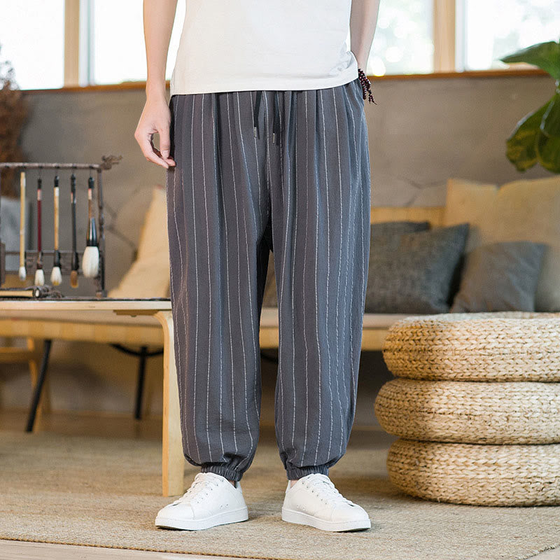 Buddha Stones Pantalon harem rayé à cordon de serrage et poches pour homme, style été décontracté - Gris sombre - US/UK/AU50，EU60 (5XL) - image 0