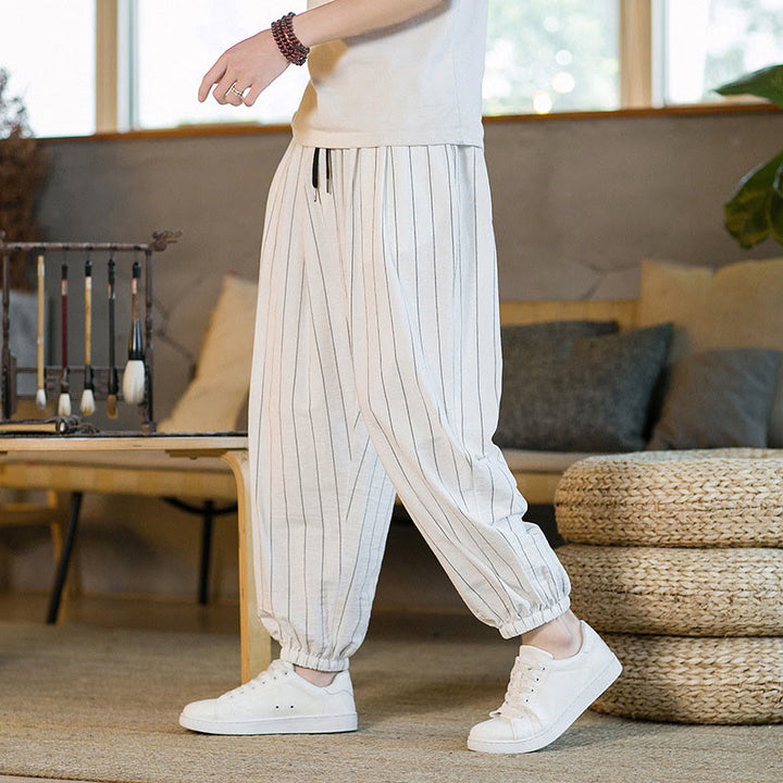 Buddha Stones Pantalon harem rayé à cordon de serrage et poches pour homme, style été décontracté - image 43