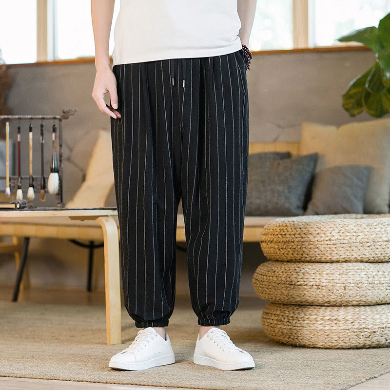 Buddha Stones Pantalon harem rayé à cordon de serrage et poches pour homme, style été décontracté - Noir - US/UK/AU50，EU60 (5XL) - image 9