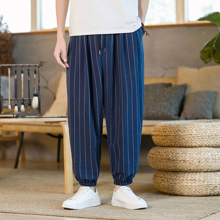 Buddha Stones Pantalon harem rayé à cordon de serrage et poches pour homme, style été décontracté - Marine - US/UK/AU50，EU60 (5XL) - image 19