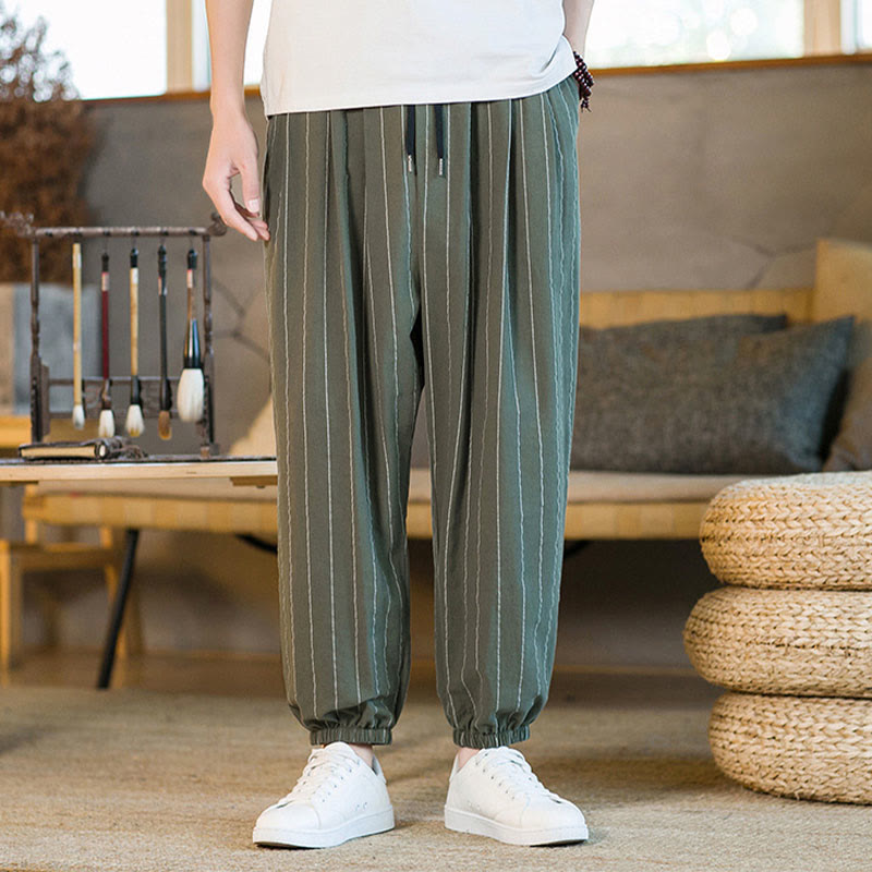 Buddha Stones Pantalon harem rayé à cordon de serrage et poches pour homme, style été décontracté - Vert olive foncé - US/UK/AU50，EU60 (5XL) - image 32