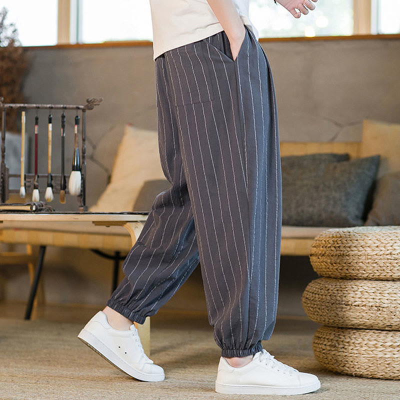 Buddha Stones Pantalon harem rayé à cordon de serrage et poches pour homme, style été décontracté - image 2