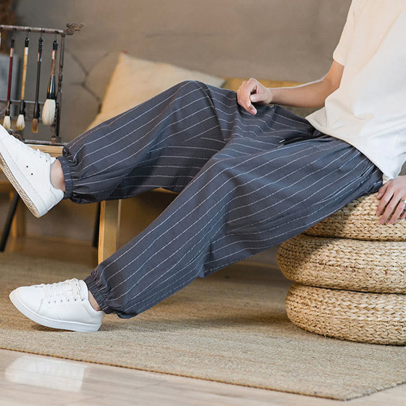 Buddha Stones Pantalon harem rayé à cordon de serrage et poches pour homme, style été décontracté - image 8