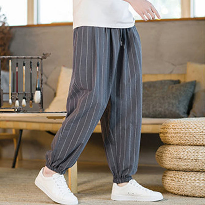 Buddha Stones Pantalon harem rayé à cordon de serrage et poches pour homme, style été décontracté - image 4