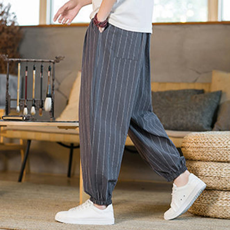 Buddha Stones Pantalon harem rayé à cordon de serrage et poches pour homme, style été décontracté - image 5