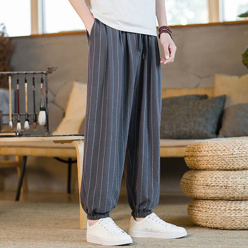 Buddha Stones Pantalon harem rayé à cordon de serrage et poches pour homme, style été décontracté - image 6