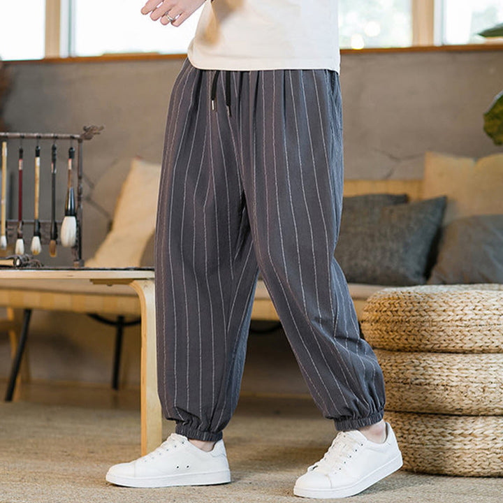 Buddha Stones Pantalon harem rayé à cordon de serrage et poches pour homme, style été décontracté - image 1