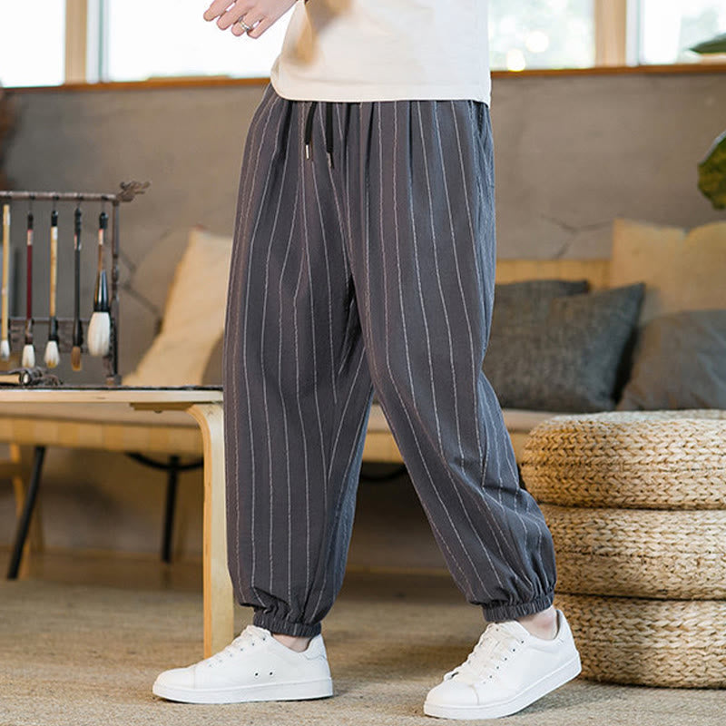 Buddha Stones Pantalon harem rayé à cordon de serrage et poches pour homme, style été décontracté - image 1