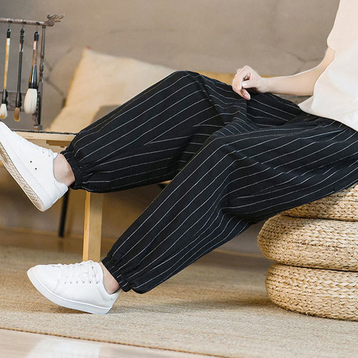 Buddha Stones Pantalon harem rayé à cordon de serrage et poches pour homme, style été décontracté - image 18