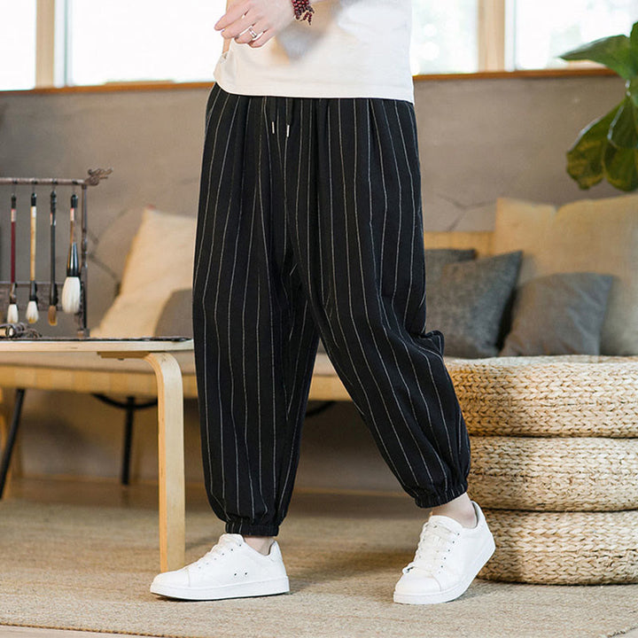 Buddha Stones Pantalon harem rayé à cordon de serrage et poches pour homme, style été décontracté - image 10