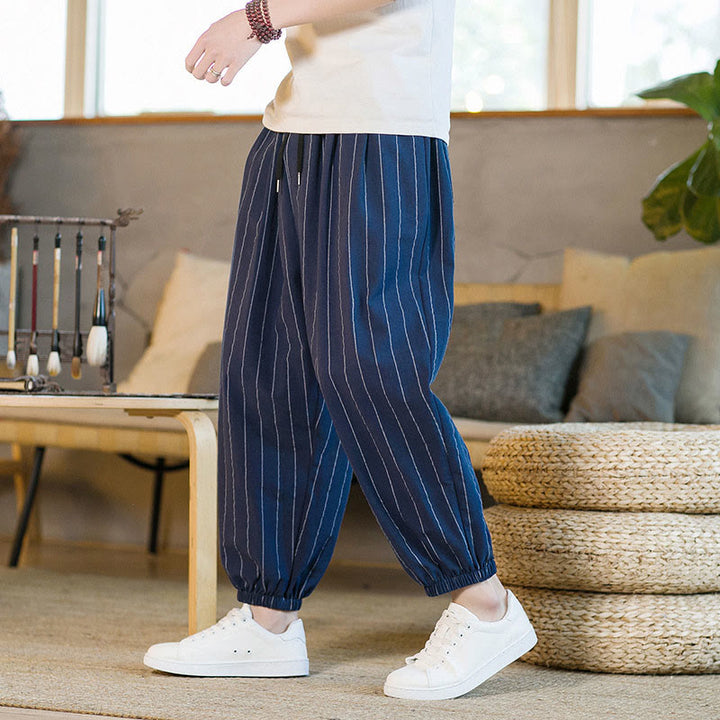 Buddha Stones Pantalon harem rayé à cordon de serrage et poches pour homme, style été décontracté - image 20