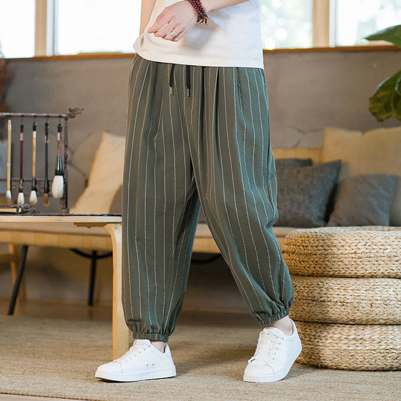 Buddha Stones Pantalon harem rayé à cordon de serrage et poches pour homme, style été décontracté - image 33