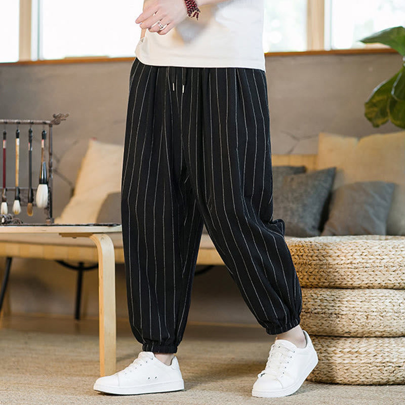 Buddha Stones Pantalon harem rayé à cordon de serrage et poches pour homme, style été décontracté - image 11