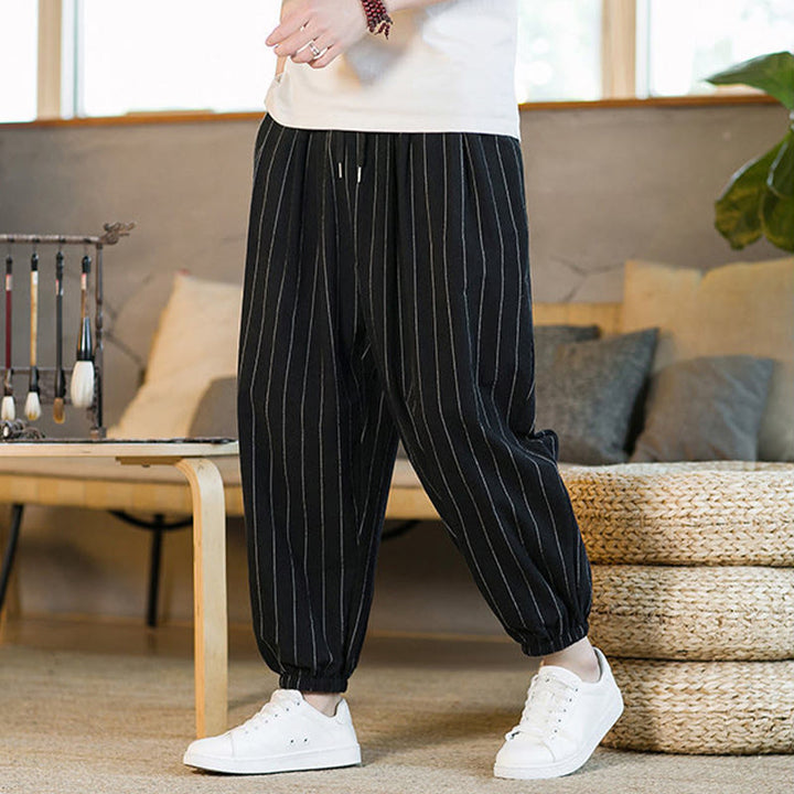 Buddha Stones Pantalon harem rayé à cordon de serrage et poches pour homme, style été décontracté - image 11