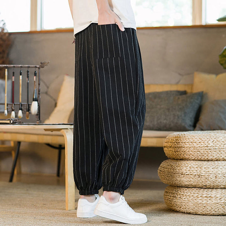 Buddha Stones Pantalon harem rayé à cordon de serrage et poches pour homme, style été décontracté - image 12