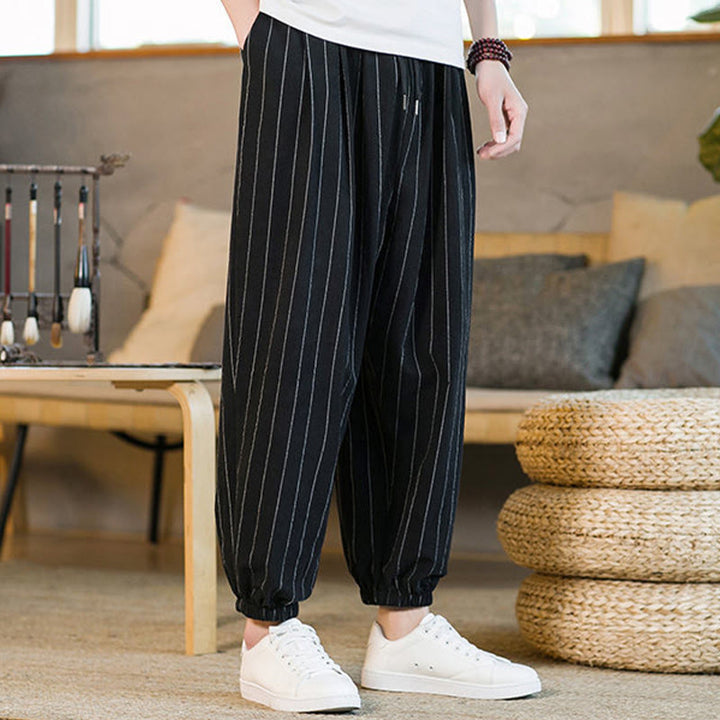 Buddha Stones Pantalon harem rayé à cordon de serrage et poches pour homme, style été décontracté - image 13