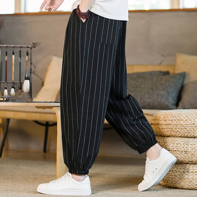 Buddha Stones Pantalon harem rayé à cordon de serrage et poches pour homme, style été décontracté - image 14