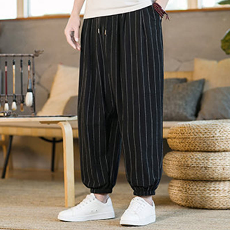 Buddha Stones Pantalon harem rayé à cordon de serrage et poches pour homme, style été décontracté - image 15