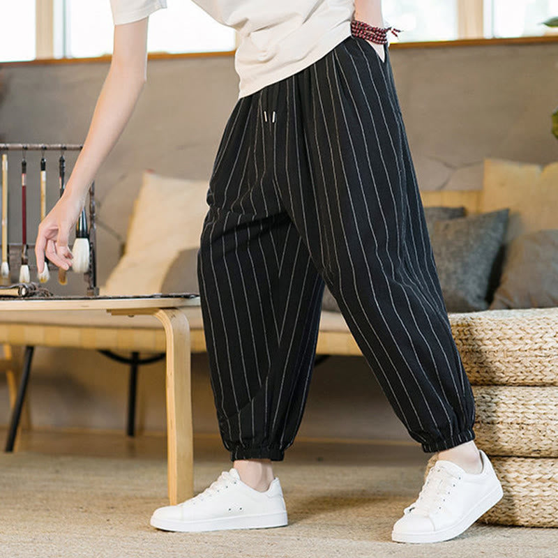 Buddha Stones Pantalon harem rayé à cordon de serrage et poches pour homme, style été décontracté - image 16