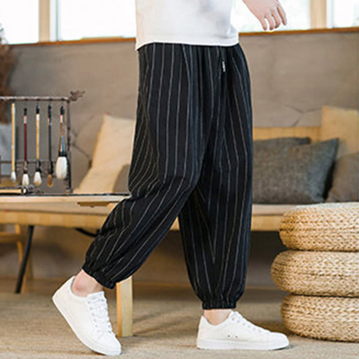 Buddha Stones Pantalon harem rayé à cordon de serrage et poches pour homme, style été décontracté - image 17