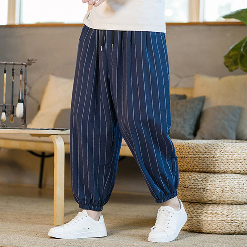 Buddha Stones Pantalon harem rayé à cordon de serrage et poches pour homme, style été décontracté - image 21