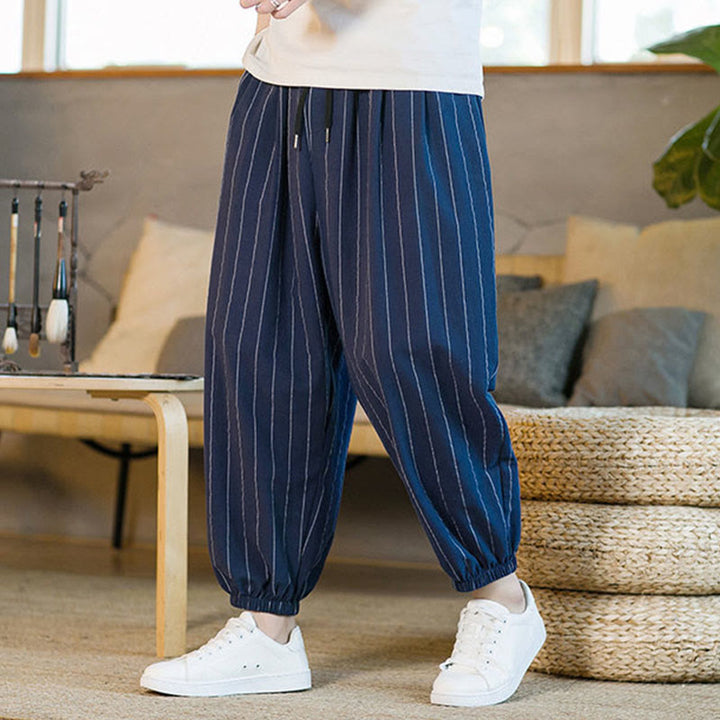 Buddha Stones Pantalon harem rayé à cordon de serrage et poches pour homme, style été décontracté - image 21
