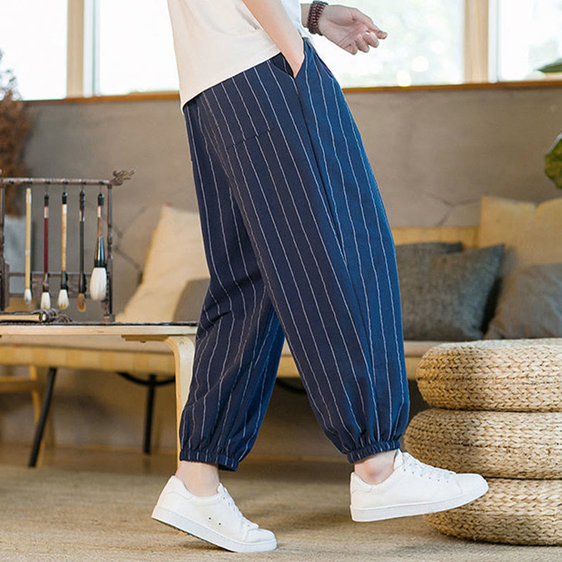 Buddha Stones Pantalon harem rayé à cordon de serrage et poches pour homme, style été décontracté - image 22