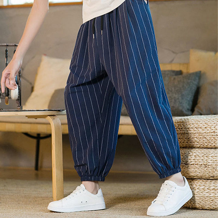 Buddha Stones Pantalon harem rayé à cordon de serrage et poches pour homme, style été décontracté - image 24
