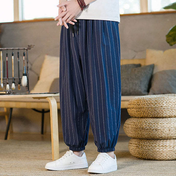 Buddha Stones Pantalon harem rayé à cordon de serrage et poches pour homme, style été décontracté - image 25
