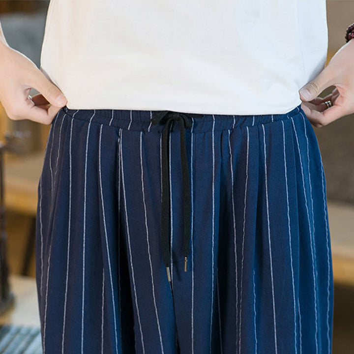 Buddha Stones Pantalon harem rayé à cordon de serrage et poches pour homme, style été décontracté - image 29