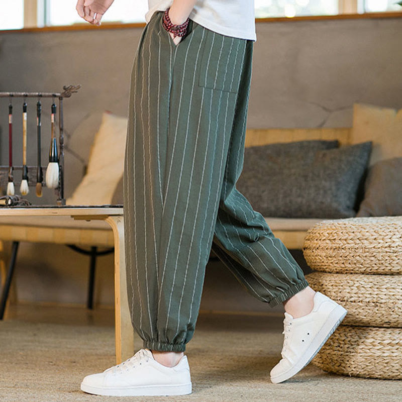 Buddha Stones Pantalon harem rayé à cordon de serrage et poches pour homme, style été décontracté - image 36