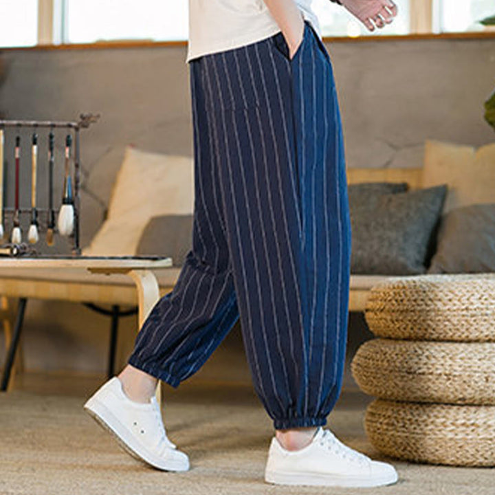 Buddha Stones Pantalon harem rayé à cordon de serrage et poches pour homme, style été décontracté - image 26