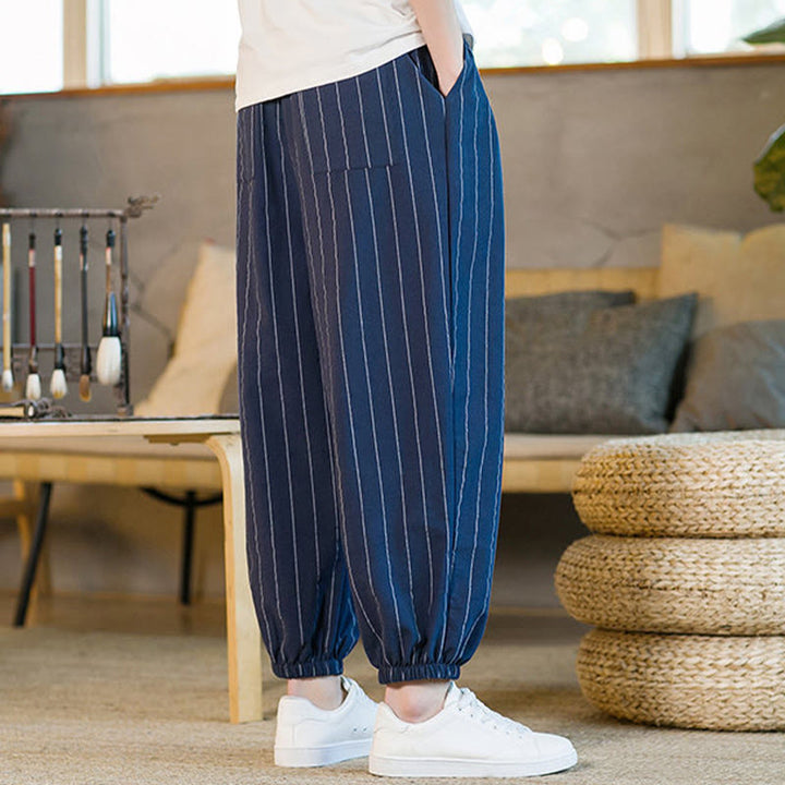 Buddha Stones Pantalon harem rayé à cordon de serrage et poches pour homme, style été décontracté - image 23