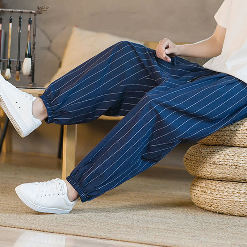 Buddha Stones Pantalon harem rayé à cordon de serrage et poches pour homme, style été décontracté - image 27