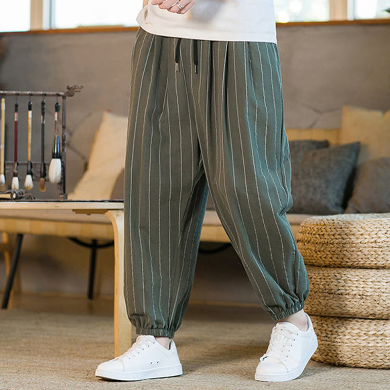 Buddha Stones Pantalon harem rayé à cordon de serrage et poches pour homme, style été décontracté - image 39