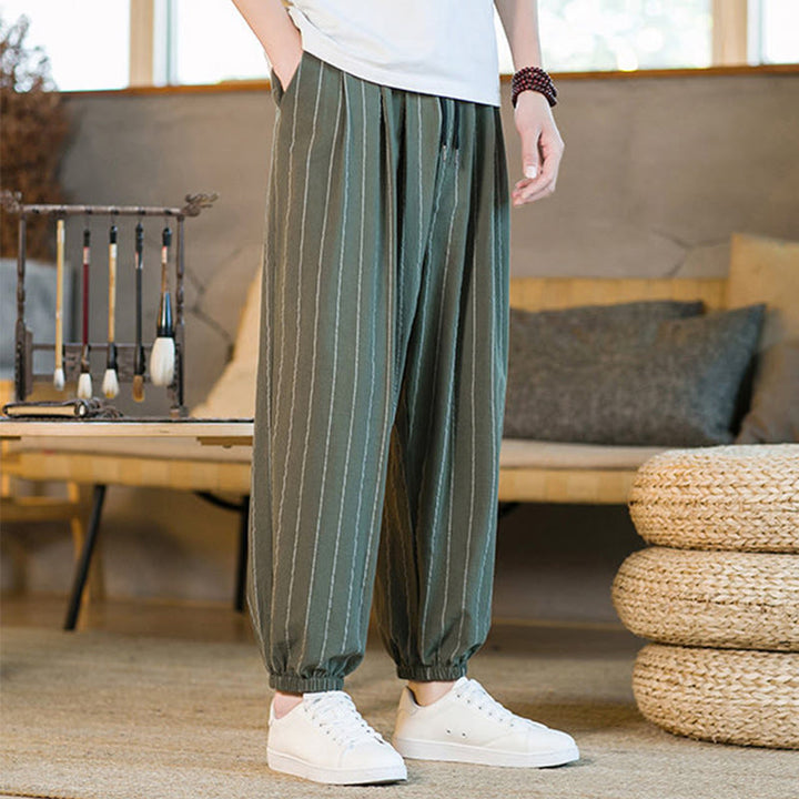 Buddha Stones Pantalon harem rayé à cordon de serrage et poches pour homme, style été décontracté - image 38