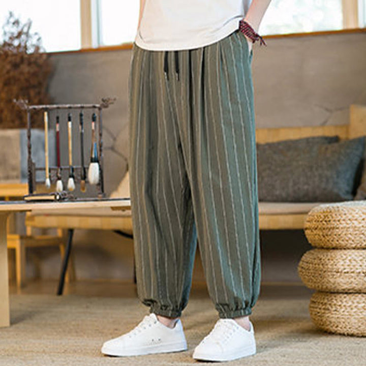 Buddha Stones Pantalon harem rayé à cordon de serrage et poches pour homme, style été décontracté - image 37