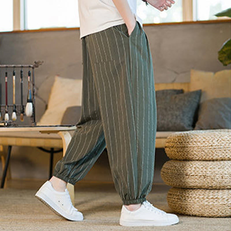 Buddha Stones Pantalon harem rayé à cordon de serrage et poches pour homme, style été décontracté - image 40