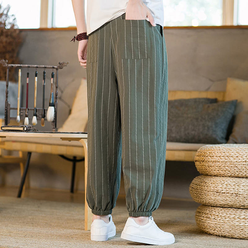 Buddha Stones Pantalon harem rayé à cordon de serrage et poches pour homme, style été décontracté - image 35