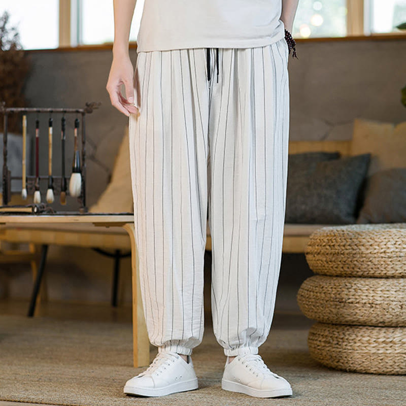 Buddha Stones Pantalon harem rayé à cordon de serrage et poches pour homme, style été décontracté - WhiteSmoke - US/UK/AU50，EU60 (5XL) - image 42