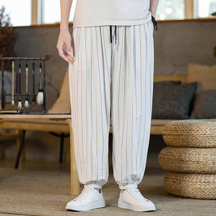 Buddha Stones Pantalon harem rayé à cordon de serrage et poches pour homme, style été décontracté - WhiteSmoke - US/UK/AU50，EU60 (5XL) - image 42